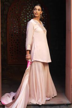 Pale pink kurta with floral embroidered yoke and cuffs using zari, pearls and sequin work. Paired with a sharara and dupatta with floral embroidered border. - Aza Fashions Elegant Pink Sharara For Reception, Elegant Semi-stitched Pink Sharara, Elegant Pink Sharara With Sheer Dupatta, Pink Unstitched Silk Sharara, Designer Pink Silk Sharara, Elegant Pink Sharara For Eid, Pink Georgette Sharara For Weddings, Elegant Pink Sharara For Diwali, Elegant Pink Sharara For Festive Occasions