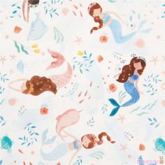 a white background with mermaids and sea animals on it's sides, all in pastel colors