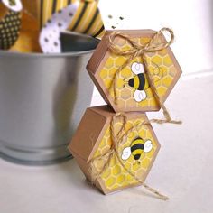 two honey boxes tied with twine and sitting in front of a tin can filled with bees