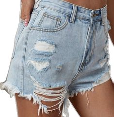 Blue Ripped Jean Shorts For Summer, Blue Ripped Jean Shorts For Spring, Ripped Blue Jean Shorts For Spring, Spring Distressed Denim Blue Shorts, Distressed Blue Jean Shorts For Spring, Spring Distressed Blue Jean Shorts, Shein Shorts, Distressed Denim Shorts, Distressed Denim