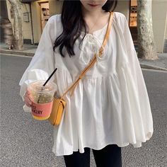 SPECIFICATIONSStyle: Korean styleStyle: CasualSleeve Style: Puff SleeveSleeve Length(cm): FullSize: S M L XL XXL XXXLSeason: Spring/AutumnSeason: spring autumnPattern Type: SolidOrigin: CN(Origin)Model number: women shirtsModel Number: h38503Material: CottonMaterial: polyesterFeature 3: fashionFeature 2: leisureFeature 1: looseFabric Type: BroadclothDepartments name: adultDecoration: BowCondition: dailyColor: white blackCollar: O-NeckClothing Length: RegularBrand Name: BONNTEEAge: Ages 18-35 Yea Highheels Shoes, Korean Shirt, Korean Blouse, Plus Size Chic, Korean Tops, Dress Jeans, Fashion Top Outfits, Jeans Skirt, Oversized Blouse