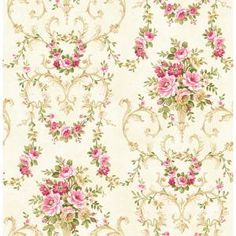 an ornate wallpaper with pink flowers and gold trimmings on white background,