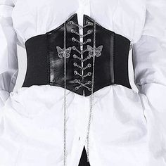 Brand New Boutique Item. Sexy Black Faux Leather Corset That Laces Up With A Small Silver Metal Chain That Has 2 Decorative Silver Metal Butterflies On Both Sides Of The Chain. The Back Of The Corset Is Velcro, So It’s Easy To Put On/Take Off & You Don’t Have To Lace & Unlace The Corset Every Time You Wear It. Can Be Worn With A Variety Of Different Tops, Dresses, & Outfits. See Pictures For Details. Material: Faux Leather Measurements: Belt Length: 25.6” Stretchable: About 33.5” Elastic Width O Corset Belt Outfit, Black Corset Belt, Dark Outfit, Corset Underbust, Leather Corset Belt, Waist Corset, Butterfly Decor, Corset Belt, Underbust Corset