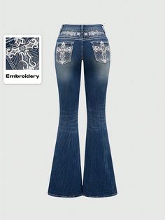 Y2K Vintage Millennium Sexy Pocket Cross Wings Embroidery Women's Slim Flared Jeans Navy Blue    Denim All Over Print,Textured Pattern Flare Leg High Stretch  Women Clothing, size features are:Bust: ,Length: ,Sleeve Length: Miss Me Jeans Size Chart For Women, Jeans With Crosses Y2k, Mexican Pants Jeans, Mexican Jeans, Jeans With Gems, Sevens Jeans, Y2k Flare Jeans, 2000s Jeans, Wings Embroidery