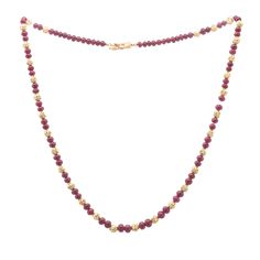 Surprise your July birthday girl (or treat yourself) with this gorgeous necklace! This exquisite necklace is approximately 20 1/2 inches long and is strung with 84 ruby rondelle beads, each measuring between 5.64 and 4.45 millimeters in diameter, and weighing an estimated total of 92 carats. The rubies alternate with 14 karat solid yellow gold filigree beads (5.5 millimeters in diameter) and terminating in a gold butterfly clasp bezel-set with a princess-cut ruby accent measuring 2 millimeters s Lapis Lazuli Earrings, July Birthday, All Gems, Ruby Necklace, Ruby Jewelry, Gold Filigree, July Birthstone, Gold Butterfly, Necklace Vintage