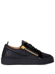 black leather round toe side zip fastening pull-tab at the heel front lace-up fastening ridged rubber sole Fancy Sneakers, Zanotti Sneakers, Giuseppe Zanotti Sneakers, White Espadrilles, Mid Heels Pumps, Black Leather Sneakers, Giuseppe Zanotti Shoes, Luxury Sneakers, Latest Sneakers