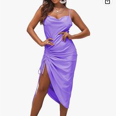 Size Small Purple Spaghetti Strap Maxi Dress For Party, Lavender Ruched Dress For Party, Purple Spaghetti Strap Maxi Dress For Night Out, Sleeveless Ruched Purple Maxi Dress, Purple Knee-length Midi Dress For Date Night, Purple Spaghetti Strap Midi Dress, Purple Spaghetti Strap Midi Dress For Evening, Purple Ruched Spaghetti Strap Dress, Lavender Maxi Dress For Summer Evening