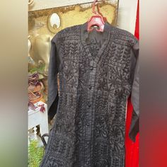 Kurtan Style Short Tunic. Black-On-Black Embroidery. Two Side Slits. Pull Over V Neck. Very Chic With Black Leggings Or A Black Skirt. Crisp And Never Worn. Casual Black Festive Kurta, Black Resham Embroidered Kurta For Spring, Traditional Black Kurta For Spring, Black Fitted Long Kurta, Black Cotton Kurta For Spring, Black Long Sleeve Kurta For Spring, Fitted Black Spring Kurta, Long Black Bohemian Kurta, Black Embroidered Cotton Kurta