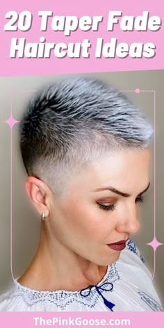 Here's a cool new haircut we're seeing on the runways. It's called the taper fade and it's definitely one of our favorite looks right now! Womans Faded Haircut, Fade Buzzcut Woman, Flower Shaved Hair Designs, Short Gray Pixie Haircuts, Short Tapered Haircut For Women, Pixie Fade Haircut Women, Faded Pixie Haircut Women, Barber Cuts For Women, Taper Fade Women