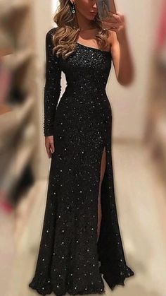 One Shoulder Long Sleeve Dress, Black Evening Dress, Custom Prom Dress, בר מצווה, Unique Prom Dresses, One Shoulder Gown, Long Prom Dresses, فستان سهرة, Black Evening Dresses