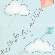 there is a kite flying in the sky with words written on it and some clouds