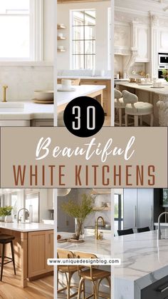 beautiful white kitchen designs with text overlay