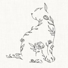 a black and white drawing of a dog with flowers