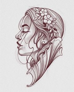 a drawing of a woman's face with flowers in her hair