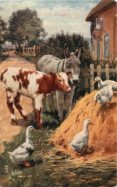 a painting of two cows and three ducks in a farmyard with a barn behind them