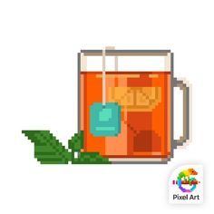 a pixel art mug filled with tea next to a green leaf