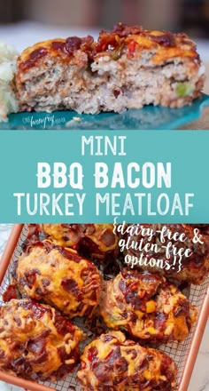 mini bbq bacon turkey meatloaf on a cooling rack with text overlay