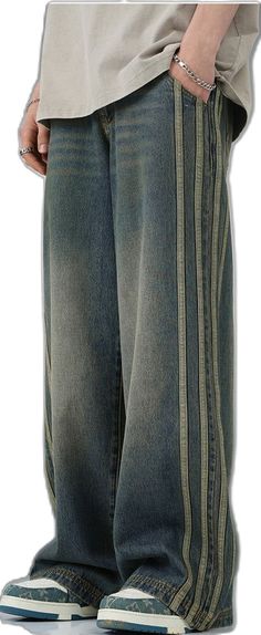 Striped Denim Bottoms With Five Pockets, Striped Straight Leg Denim Jeans, Striped Wide-leg Denim Jeans, Striped Wide Leg Denim Jeans, Striped Denim Jeans With Pockets, Retro Streetwear Jeans With Belt Loops, Retro Jeans With Belt Loops For Streetwear, Casual Striped Denim Jeans, Fit Female