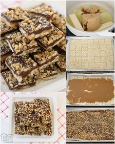 several different types of desserts are shown in this collage, including chocolate and peanut butter bars