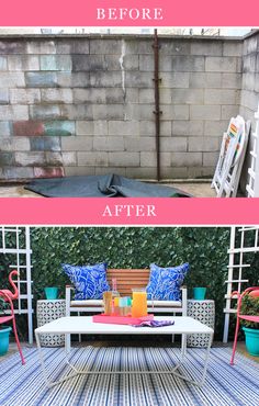 before and after photos of an outdoor seating area