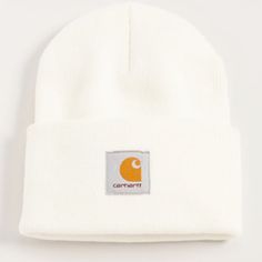 Carhartt White Beanie Wip Watch Hat One Size - New! Featuring The Brand's Signature Logo Patch, This Carhartt Wip Hat Is Crafted From Ribbed-Knit Fabric And Cuffed For A Comfortable Fit. Wip Watch Beanie Hat From Carhartt Wip Featuring Cream, Fine Knit, Logo Patch To The Front And Turn-Up Hem. Features: White Woven Knit Cuffed Logo Patch Ribbed Material: Cotton/Acrylic Blend Details: High-Quality Embroidery Of "Bass" Design Adds A Stylish Touch To Your Outfit Made With Breathable Material To Kee Carhart Hats, White Carhartt Beanie, Carhartt Toque, Carhart Hat, Sunscreen Design, Carhartt Beanies, Bass Design, Camo Bucket Hat, Carhartt Hat