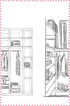 two drawings of closets with clothes and shoes on the shelves next to each other