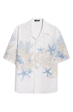 A version of the house's seasonal Barocco Sea print in subtle, serene hues patterns this camp shirt cut in a roomy fit from breathable cotton poplin. 27" length; 42" chest (size 48) Front button closure Convertible collar Short sleeves 100% cotton Dry clean Made in Italy Designer Clothing White Cornflower, Versace Shirts, Mens White Shorts, Sea Print, Coral Print, Clothes Sewing, Camp Shirt, Versace Men, Tshirt Design