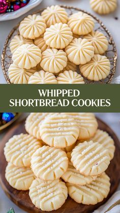 a pile of shortbread cookies sitting on top of a wooden plate next to other desserts