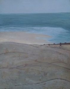 an oil painting of the beach and ocean