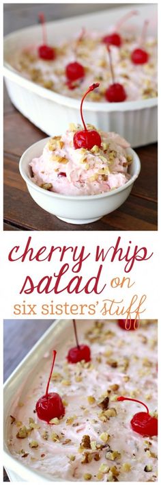 cherry whip baked in a casserole dish topped with whipped cream and cherries