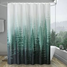 a bathroom with a shower curtain that has trees painted on it and is next to a bathtub