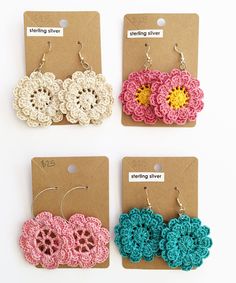 three pairs of crocheted flower earrings are shown in four different colors and sizes