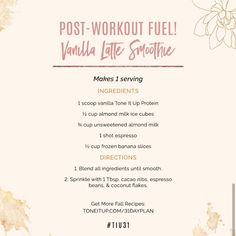 the post workout fuel vanilla latte smoothie recipe is shown in pink and gold