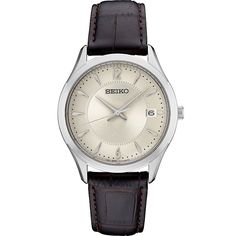 Dress up any casual or business attire with this sophisticated men's watch from Seiko's Essential collection. Dress up any casual or business attire with this sophisticated men's watch from Seiko's Essential collection. DISPLAY Sunray dial Day & date window Face cover material: Hardlex crystal Luminescence: hands & hour markersCASE Material: stainless steel Waterproof screw-down caseback & crown Diameter: 40 mmBAND Band type: brown leather strap Clasp: buckle Circumference: 170 mm - Rolex Watch Price, Brown Leather Strap Watch, Seiko Men, Seiko Presage, Brown Leather Watch, Collection Display, Leather Strap Watch, Seiko Watches, Brown Leather Strap