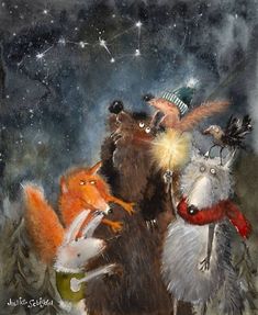 an image of three animals that are in the air with stars on their back ground