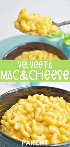 a spoon full of macaroni and cheese on top of a blue plate with the words, velveeta mac & cheese