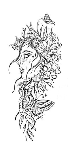 a woman's face with flowers and leaves in her hair, surrounded by stars