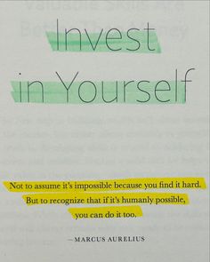 an open book with the words invest in yourself written on it's page,