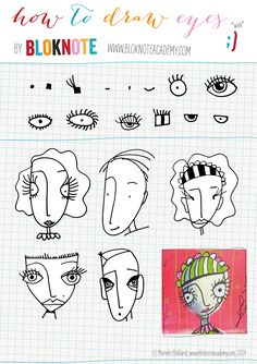 an image of various faces drawn on paper with the words, how to draw eyes