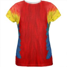 a women's red shirt with blue and yellow feathers on it