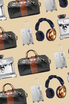 many different types of luggage and headphones on a beige background with gold accents,