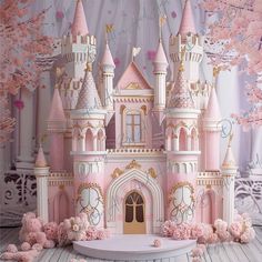 a pink princess castle surrounded by flowers and trees