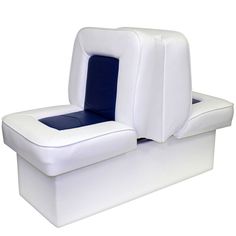 an inflatable boat seat is shown with blue cushions on the front and back