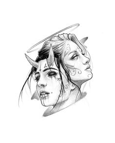 pencil drawing of two women with horns on their heads