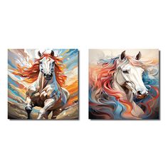 two paintings of horses running in the wind