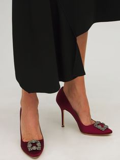 Find MANOLO BLAHNIK 105mm Hangisi Satin Pumps on Editorialist. 105mm Satin covered heel. Satin upper. Crystal embellished buckle. Leather sole Luxury Burgundy Heels For Evening, Luxury Red Court Shoes For Evening, Red Manolo Blahnik Shoes, Manolo Hangisi, Manolo Blahnik Heels, Manolo Blahnik Shoes, Satin Pumps, Manolo Blahnik, Dark Red