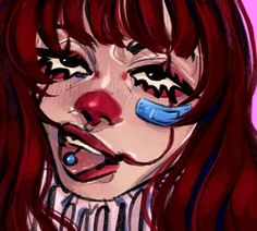 a drawing of a clown with red hair and blue nose piercings on her nose