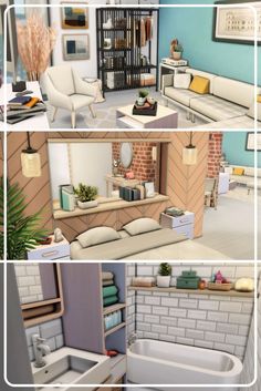 four different pictures of the same room in an animated style, each with furniture and decor