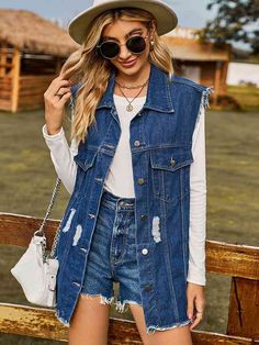 New In - Trendsi Fashion Dropshipping - Your One-Stop Shop Supply Chain Solution Denim Waistcoat, Chaleco Casual, Oversized Jeans, Trendy Denim, Denim Patterns, Distressed Denim Jacket, Weave Style, Vest Coat, Cow Girl