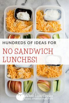 lunch boxes filled with different types of food and the words, hundreds of ideas for no sandwich lunches